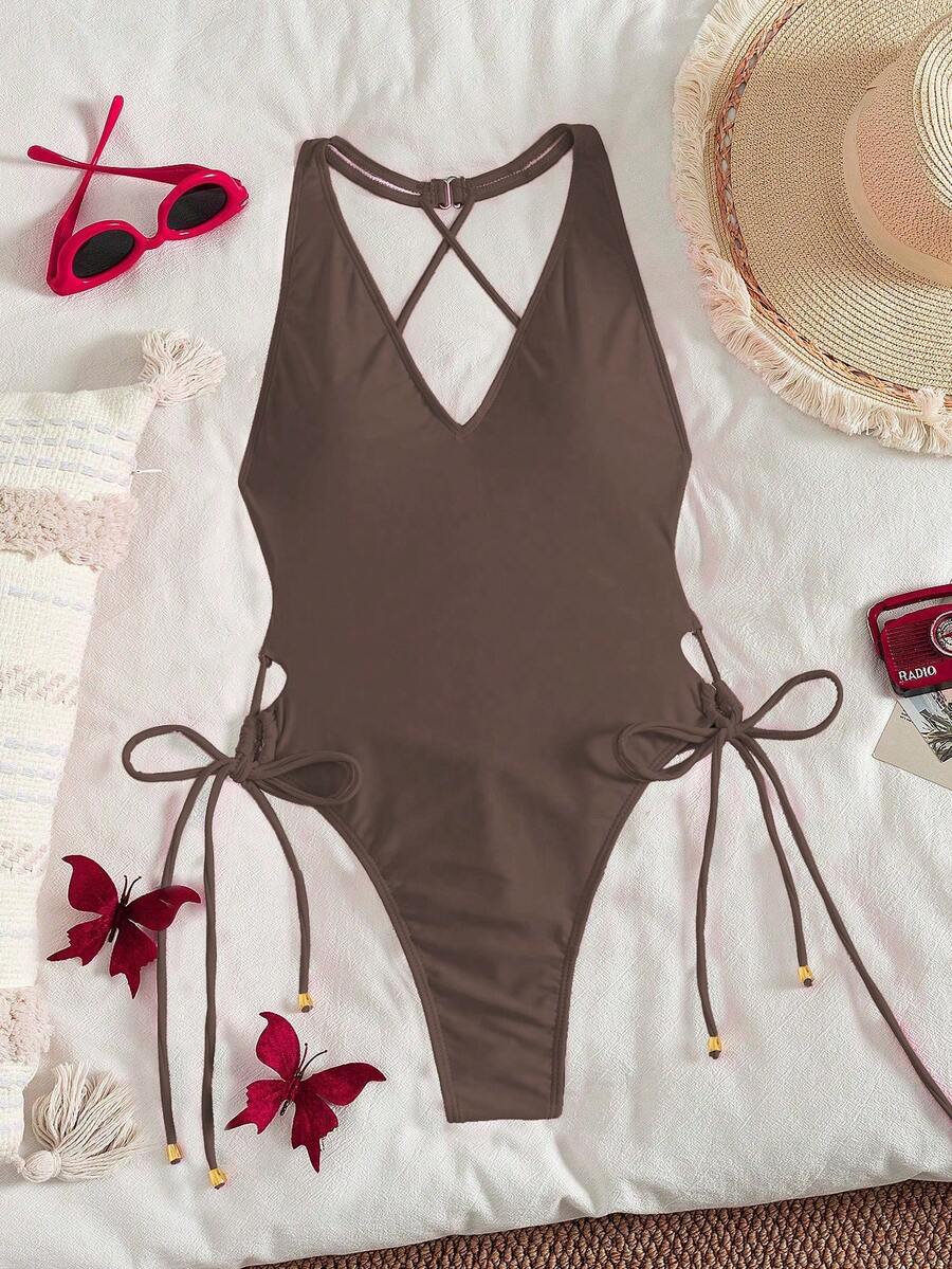 Swim SXY Summer Beach Plain Tie Side Thong One-Piece Swimsuit Bathing Suit - Brown - View 1