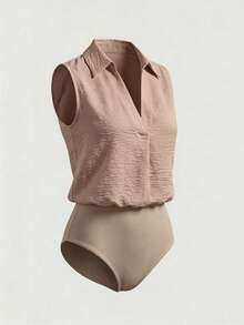 Franclia Bộ jumpsuit trắng dáng rộng không tay, cổ áo sơ mi và cổ chữ V, chất liệu vải nhăn, kiểu dáng casual tối giản, thích hợp cho công sở, đi nghỉ mát, mẫu mới năm 2026. - Màu Khaki - Xem 3