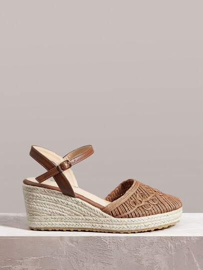 Styleloop Giày nữ, màu nâu, giày rơm đan bằng dây gai dầu, sandal đế xuồng, giày giúp tăng chiều cao, phong cách bohemian cho kỳ nghỉ.
