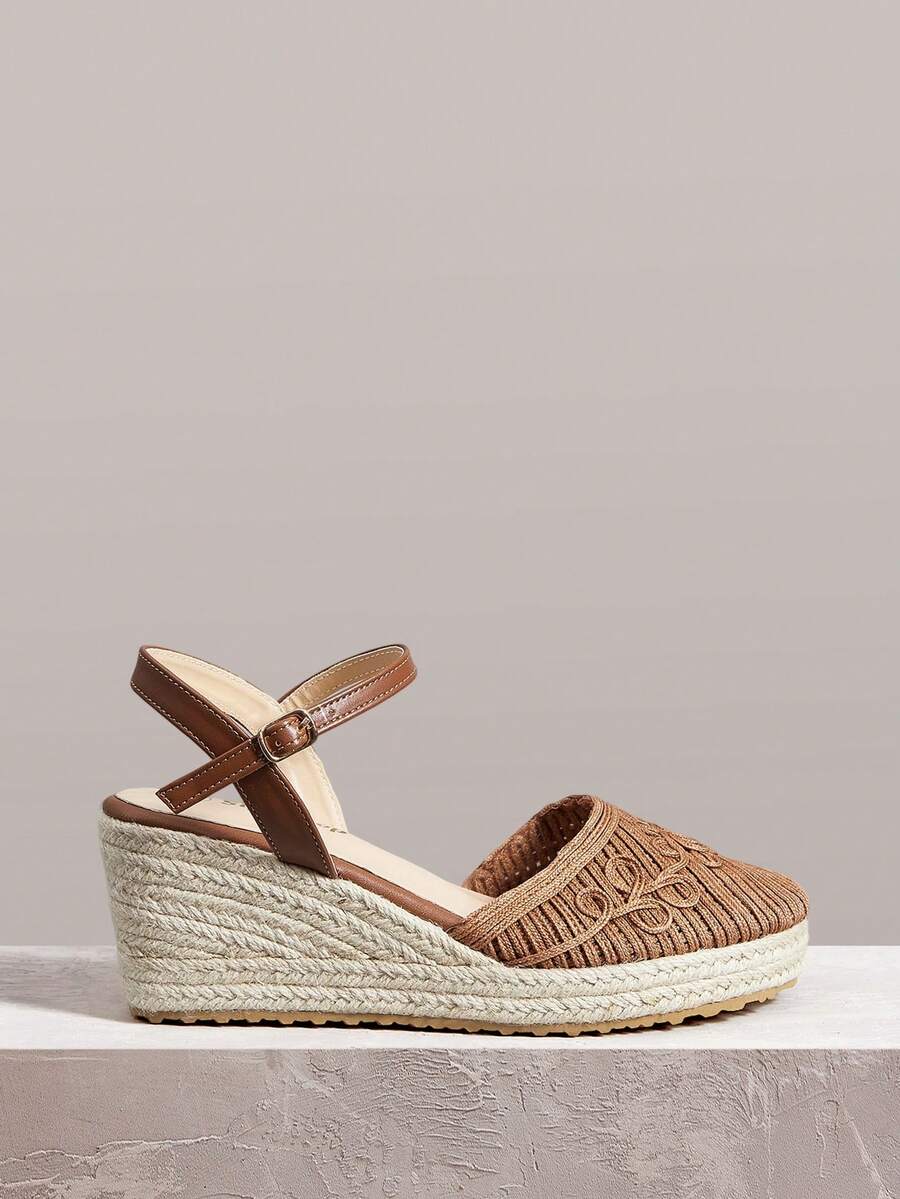 Styleloop Giày nữ, màu nâu, giày rơm đan bằng dây gai dầu, sandal đế xuồng, giày giúp tăng chiều cao, phong cách bohemian cho kỳ nghỉ. - màu nâu - Xem 1