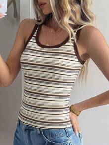 Women's Striped Fitted Camisole Tank Top - White - View 5