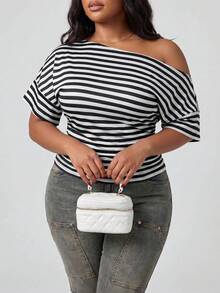 Slaydiva Plus Size Summer Casual Striped Asymmetric Collar Cinched Waist T-Shirt - Black and White - View 4