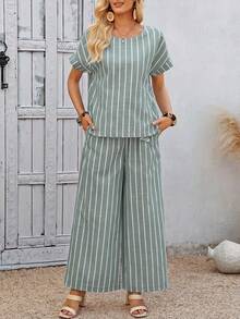 EMERY ROSE Women's Vacation Casual Striped Top & Tie-Waist Pants 2 Pieces Set,Summer Outfits For Women - Green - View 10