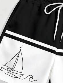 VIVINTIMO Men's Casual Black Summer Beach Shorts,Sailboat Line Print Contrast Patchwork Design,Lightweight Breathable Holiday Vacation Hawaii Holiday Gift - Multicolor - View 4