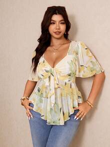 Elaquor Plus Size Elegant Floral Print Tie Front T-Shirt, Summer - Multicolor - View 5
