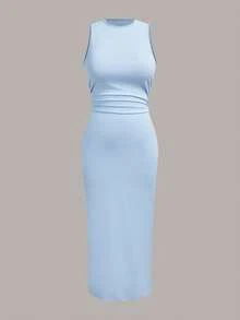 SHEIN EZwear 浅蓝色纯色针织修身连衣裙（女款） - 淺藍色 - 查看 1