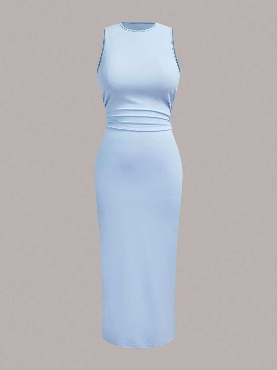 SHEIN EZwear 浅蓝色纯色针织修身连衣裙(女款) - 淺藍色 - 查看 1