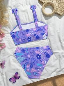 SHEIN 青少年女孩花卉印花掛脖比基尼套裝，附蝴蝶結裝飾，時尚優雅泳裝，適合夏季游泳與海灘 - 紫色 - 查看 2