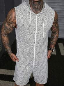 DAZY Men's Summer Casual Fashionable Street Texture Floral Print Sleeveless Zip-Up Drawstring Hooded Vest And Shorts Set, Suitable For Daily Commute - Khaki - View 4