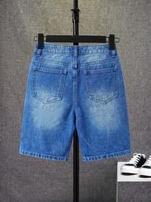 SHEIN Tween Boy Casual Fashionable Street Style Distressed Denim Shorts, Suitable For Daily Wear - Medium Wash - View 2