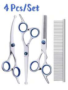 1/2/4Pcs Professional Pet Grooming Scissors Set, Round Tip Curved Shears, Fishbone Thinning Scissors & Stainless Steel Double-Sided Dematting Comb, Dog Cat Hair Cutting Grooming Kit - Blue - View 7