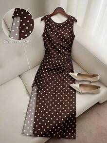 SHEIN Raffinéa French Retro Brown And White Polka Dot Sleeveless Midi Dress, Waist Ruched Design, Elegant Slimming Tea Party Summer - Brown - View 5