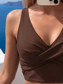 Swim Basics 女士纯色前交叉棕色比基尼套装，休闲风格，适合夏季海滩 - 咖啡棕 - 查看 4
