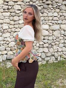 Jeta Ari Women's Floral Patchwork Jacquard Short Sleeve Blouse Vacation Summer - White - View 4