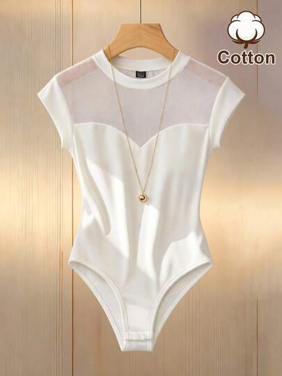 SHEIN Franclia Women's Fashion Sheer Mesh Stand Collar Fitted Bodysuit With Hood Sleeves