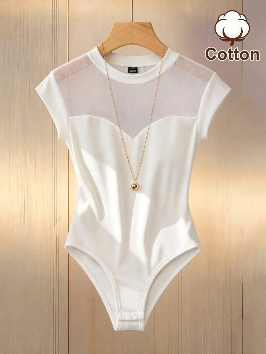SHEIN Franclia 女士时尚透视网纱立领连体衣带帽袖 - 白色 - 查看 1