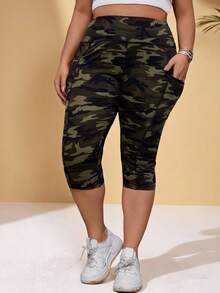 BrightlyHer Conjunto de verano estilo camuflaje de talla grande con leggings de control de abdomen y bolsillo para teléfono - Multicolor - Ver 4
