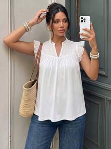 Lounesse Camiseta de manga corta con cuello en V y bordado calado para mujer de talla grande - Beis - Ver 3