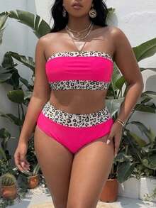 Swim Vcay 2025 Plus Size Leopard Print Patchwork Bandeau Bikini Summer - Hot Pink - View 1