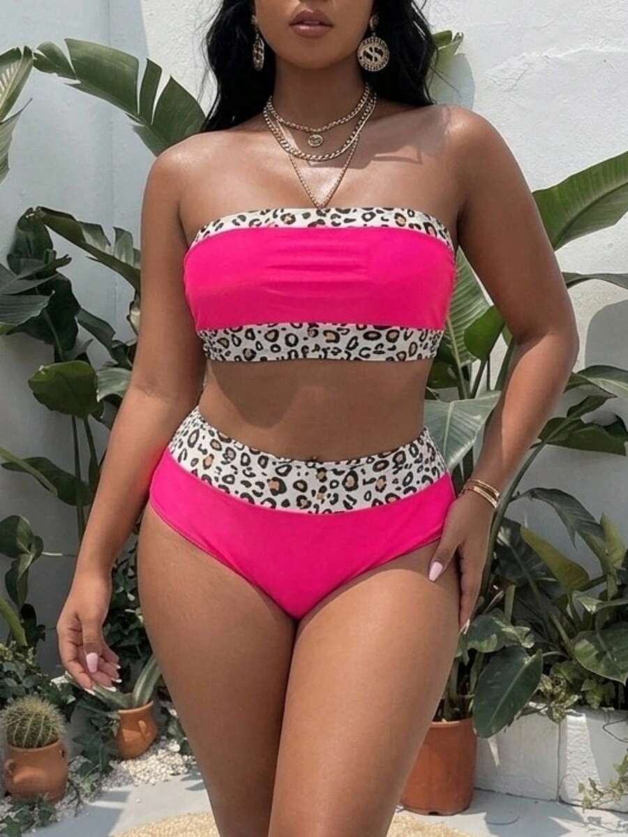 Swim Vcay 2025 Plus Size Leopard Print Patchwork Bandeau Bikini Summer - Hot Pink - View 1