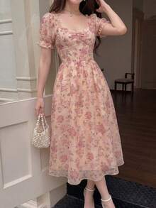 Modelyn Petite 女士春夏编织镂空腰部A字优雅浪漫花瓣袖中长连衣裙 - 彩色 - 查看 4