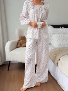 DAZY Sweet Ditsy Floral Ruffle Trim Women Pajama Set - White - View 7