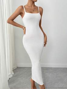 SHEIN LUNE Solid Color Fitted Knit Camisole Dress - White - View 4