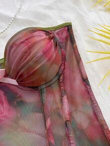 Soleia Watercolor Tie Dye Bow Tie Elastic Mesh Ruched Bustier - Multicolor - View 3