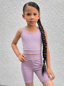 SHEIN 2 piezas Conjunto deportivo de top de tirantes y shorts de unicolor tejido para niña - Verde - Ver 5