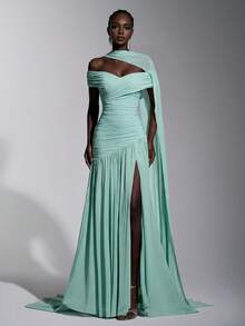 Elitara Elegant Minimalist Asymmetric Shoulder Ruched Split A-Line High Slit Dress,Suitable For Weddings,Formal Events,Galas,Evening Parties - Mint Blue - View 4