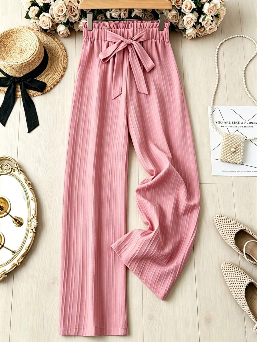 Rusticease Women's Solid Color Ruffle Hem Lace-Up Casual Pants, Daily Wear,Casual - Mauve Purple - View 1