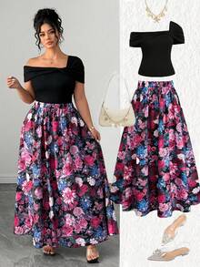 SHEIN Clasi Plus Size Women's Summer Solid Color Knit Asymmetric Collar Short Sleeve Fitted Versatile Top And Black Pink Retro Elegant Skirt Wedding Evening Party - Black - View 1