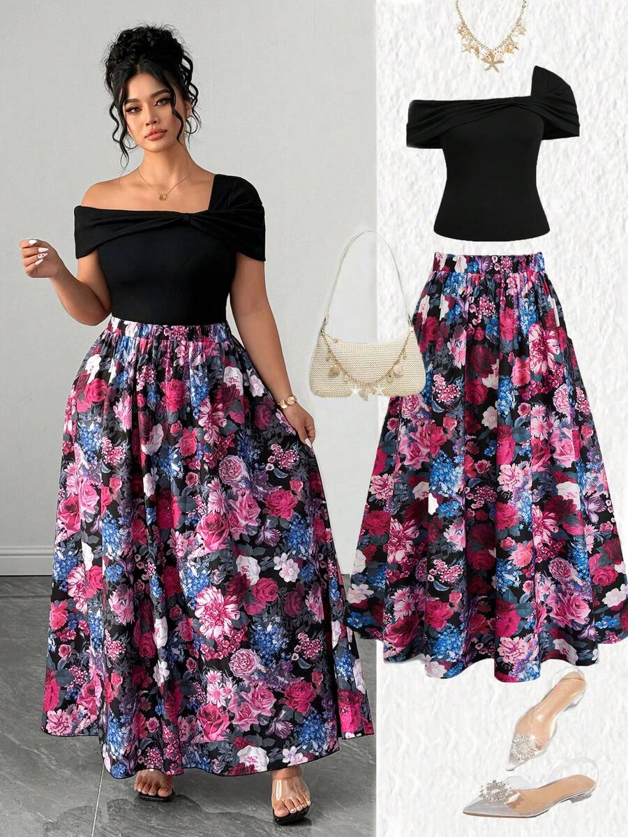SHEIN Clasi Plus Size Women's Summer Solid Color Knit Asymmetric Collar Short Sleeve Fitted Versatile Top And Black Pink Retro Elegant Skirt Wedding Evening Party - Black - View 1