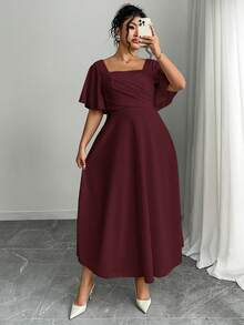 Modelyn Plus Size Red Short Sleeve Cinched Waist A-Line Knit Dress Square Straight Neckline Soft Smooth Drape Fabric Modest Elegant Smart Casual Chic - Burgundy - View 5