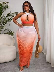 Slaydiva Plus Size Vacation Beach Gradient Bikini Swimsuit With Ruffle Cover-Up Skirt Set - Multicolor - View 7