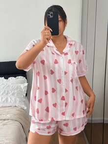 Napfluff CURVE Napfluff CURVE 大码女式夏季短袖短裤睡衣套装，泡泡印花，条纹，心形图案 - 粉色 - 查看 1