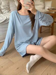DAZY Women's Solid Color Minimalist Long Sleeve Top And Shorts Pajama Set - Blue - View 6