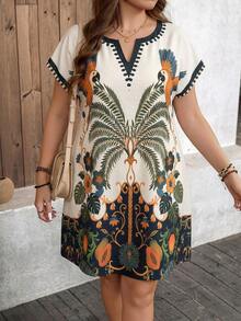 SHEIN LUNE Đầm nữ cỡ lớn in hoa cổ điển tay cánh dơi, kiểu dáng thường ngày, thích hợp cho kỳ nghỉ hè, trang phục công sở. - Nhiều màu - Xem 6