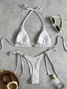 Swim Vcay 女士热带豹纹性感两件式比基尼套装，配金属配饰，休闲度假装 - 彩色 - 查看 3