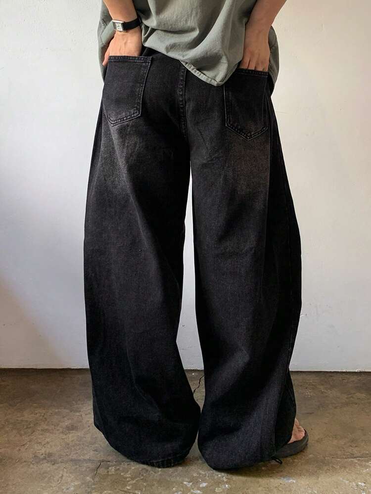 Distressed Wash Long Loose Fit Side Pleated Design Men's Jeans