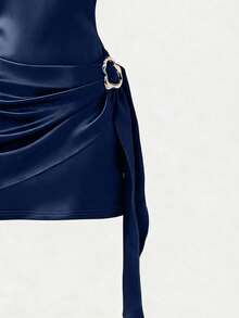 Franclia Women's Navy Blue Summer Elegant Sexy Night Out Satin Bodycon High Collar Metal Buckle Pleated Sleeveless Dress,Party Resort Valentine's Day Outfit - Royal Blue - View 3
