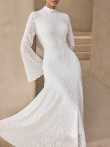 Graceveil Weißes Jacquard-Kleid mit hohem Kragen, taillierter Taille und ausgestelltem Rock, elegantes französisches Abendkleid für Hochzeiten - Weiss - Übersicht 8