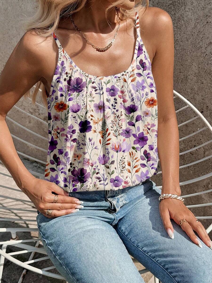SHEIN Clasi 女士复古浪漫紫色花卉做旧印花背心 – 波西米亚优雅夏季风格,休闲度假装,完美适用于音乐节、海滩装扮、夏季旅行、工作和通勤。 - 彩色 - 查看 1