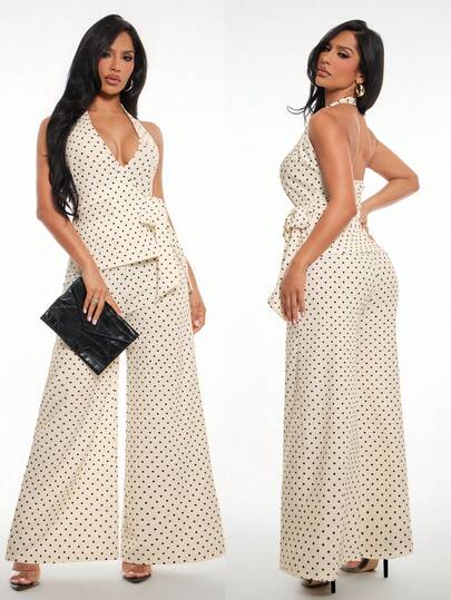 Radiana Women's Spring/Summer New Elegant Beige Polka Dot V-Neck Tie Sleeveless Tank Top + Wide Leg Jumpsuit, Basic Versatile, Retro Style Outfit, Suitable For Commuting, Office, Casual Outings, Shopping, Gatherings, Vacation, Beach, Dates