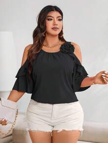 Vionelle Plus Cold Shoulder Ruffle Trim Blouse For Summer For New Year Clothes - Black - View 6