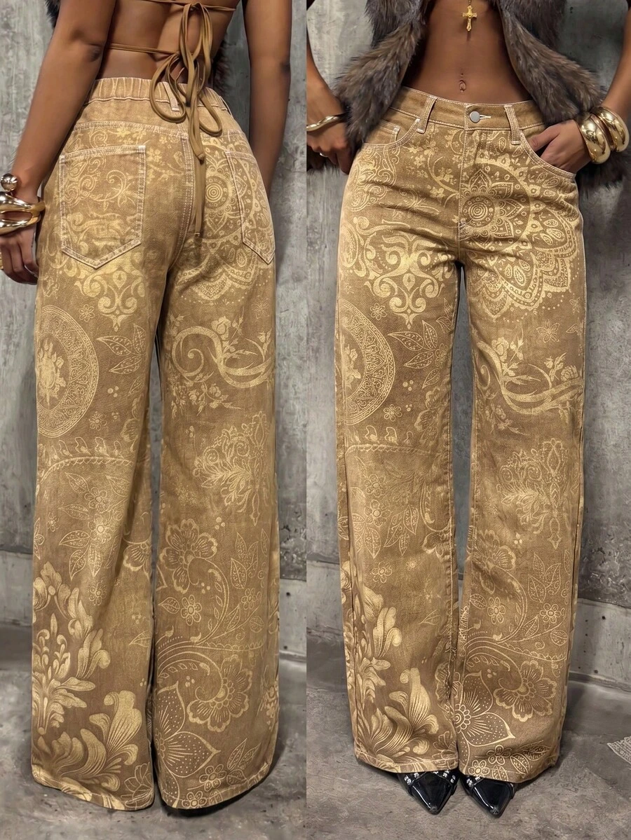Jeanoix Jeans droits à jambes larges de style bohème rétro imprimé, mode décontractée grande taille Y2K - Tabac - Voir 1