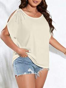 SHEIN Clasi Plus Size Women Solid Color Knitted Round Neck With Ripped Shoulder Rhinestone Design Casual Summer T-Shirt Graphic Tees Women Tops - Apricot - View 5
