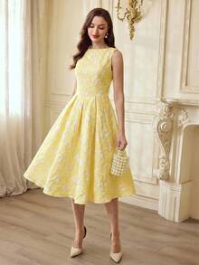Vintamour Đầm nữ cổ điển thanh lịch, đầm jacquard ôm dáng mùa xuân/hè, đầm cổ thuyền, đầm hoa hồng màu mơ, đầm hoa hồng, đầm xòe dài ngang gối. - Vàng nhạt - Xem 7