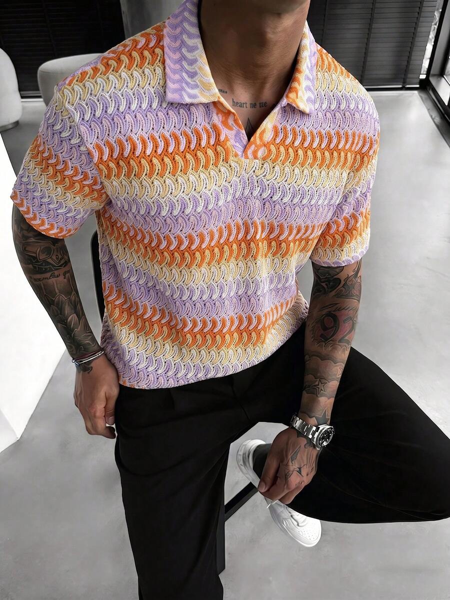 Manfinity Homme 男士夏季休闲度假风V领短袖透气网眼上衣 - 彩色 - 查看 1