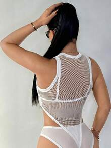 SHEIN SXY Bộ đồ liền thân lưới xuyên thấu gợi cảm - trắng - Xem 2